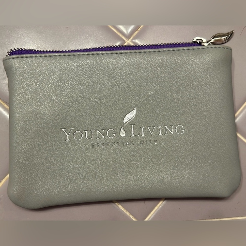 Young Living Zippered Pouch Gray Silver Purple  Vegan Faux Leather Key Ring